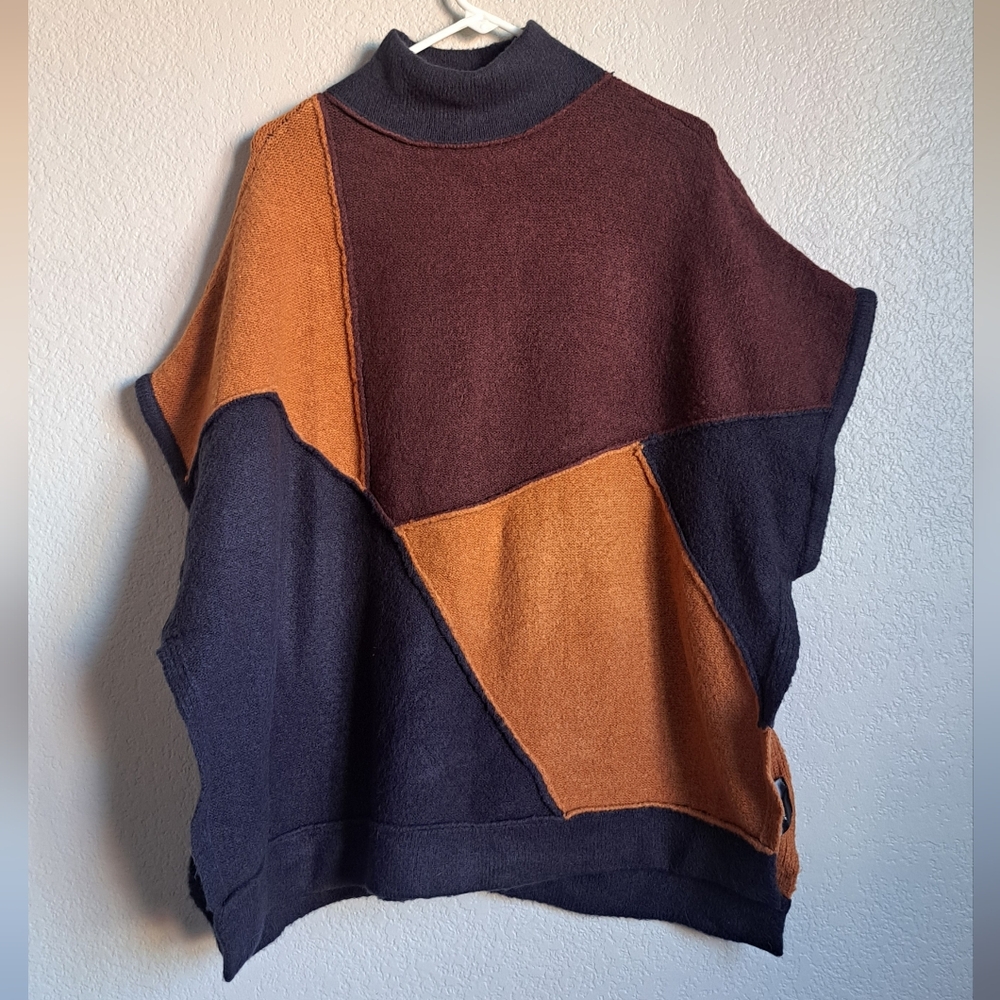 Vero Moda Brown Blue Patchwork Colorblock Oversized Poncho Sweater Size Small